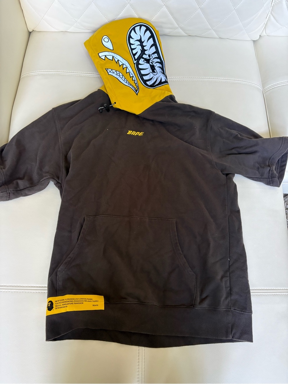 BAPE Men’s Brown Crewneck Short-Sleeve Sweatshirt with Yellow Shark Hood